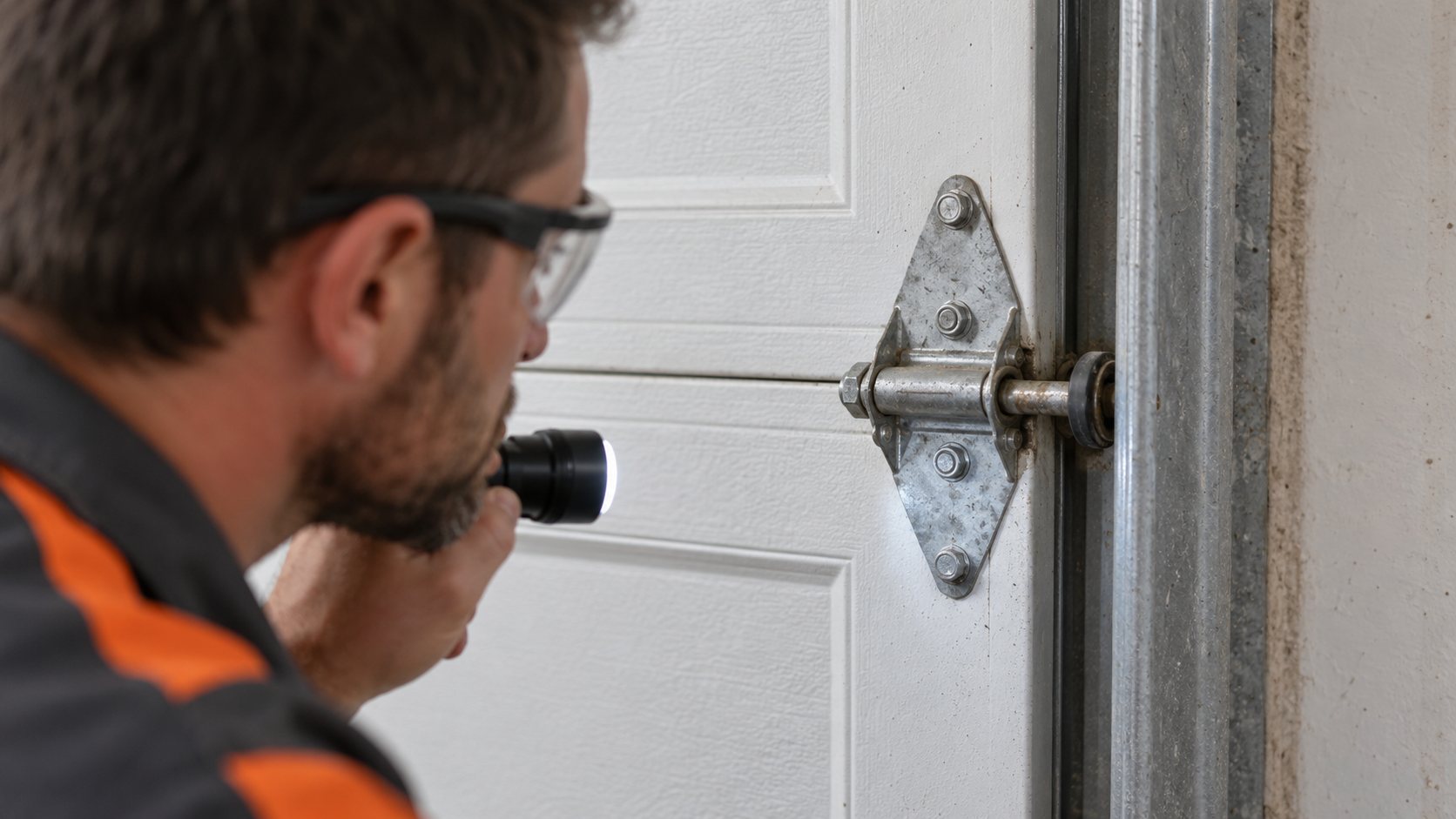 Technician inspecting a garage door hinge with a flashlight